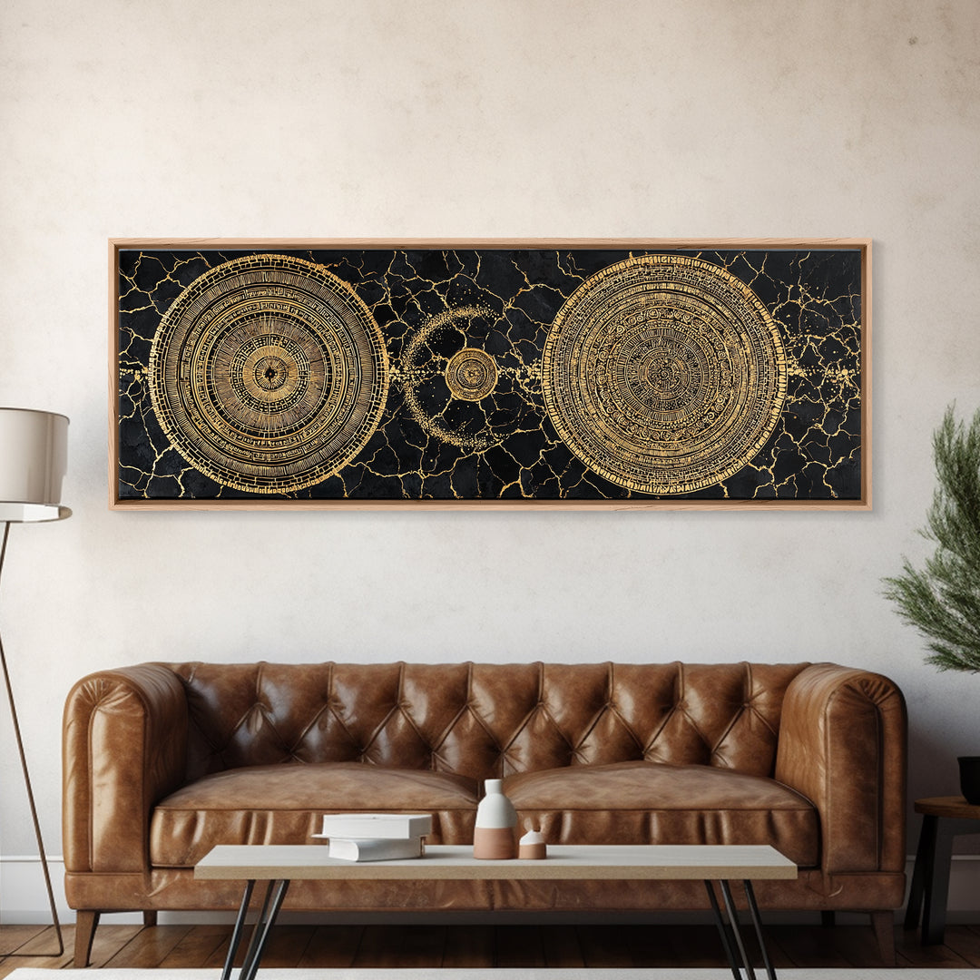 Gold Celestial Mandala Circles On Black Stone Wall Art, Abstract Wall Art, Luxury Canvas Print, Modern Home Decor, Statement Wall Decor