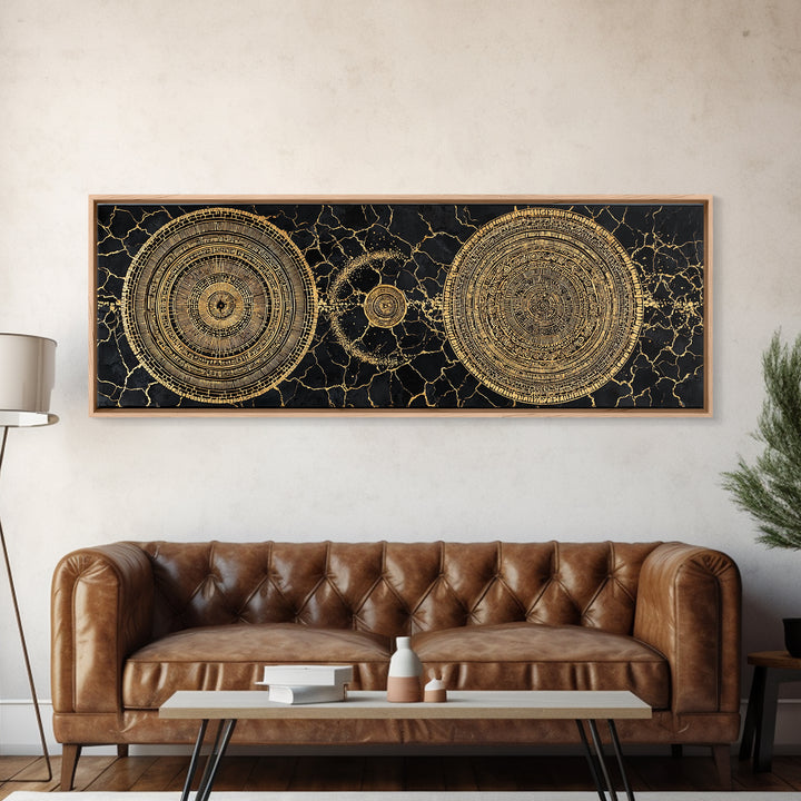 Gold Celestial Mandala Circles On Black Stone Wall Art, Abstract Wall Art, Luxury Canvas Print, Modern Home Decor, Statement Wall Decor