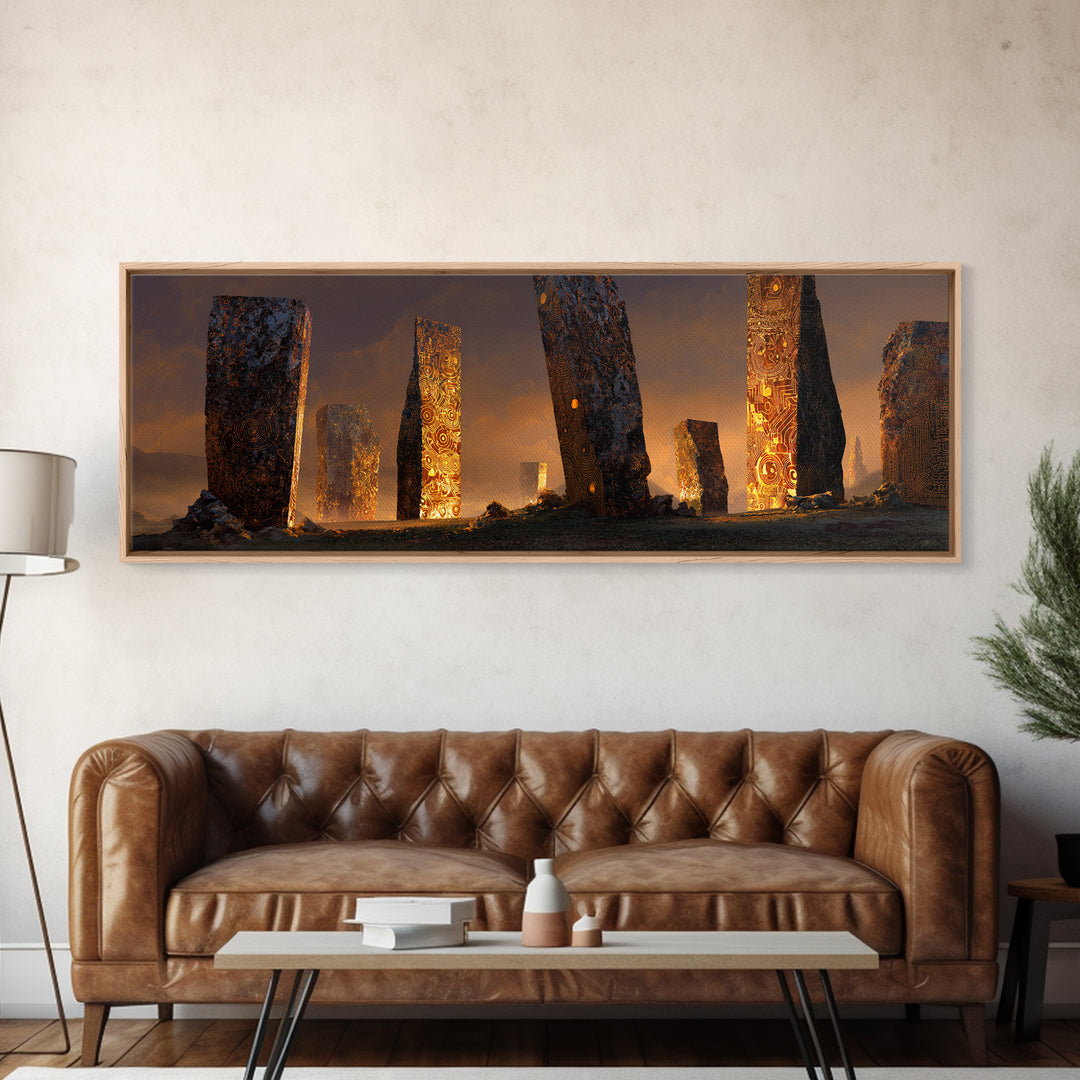 Glowing Ancient Monoliths In Desert Sunset Framed Canvas Print, Mystical Wall Art, Fantasy Ruins Decor, Large Wall Decor
