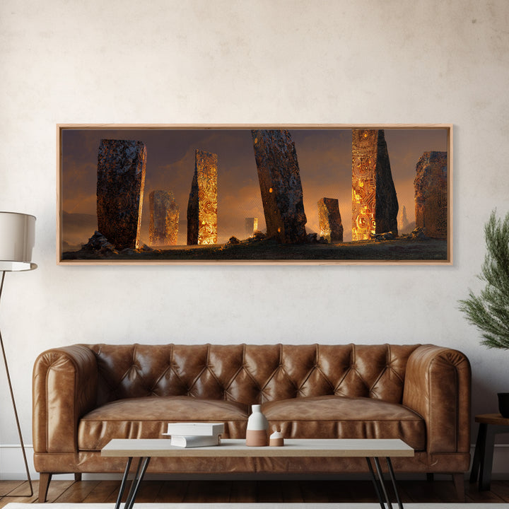 Glowing Ancient Monoliths In Desert Sunset Framed Canvas Print, Mystical Wall Art, Fantasy Ruins Decor, Large Wall Decor