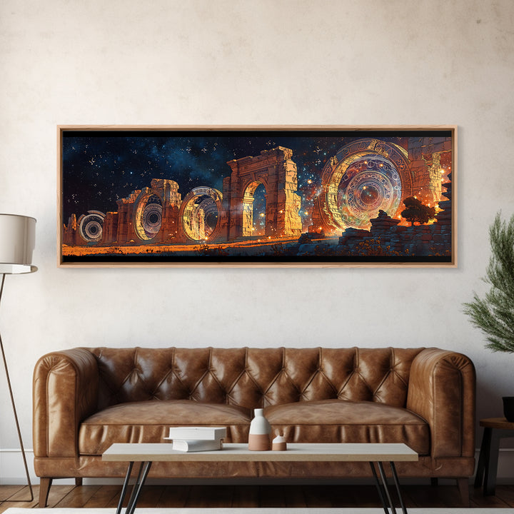 Starlit Ancient Arches With Cosmic Portals Framed Canvas Print, Mystical Wall Art, Galaxy Ruins Decor, Large Wall Art, Unique Home Decor