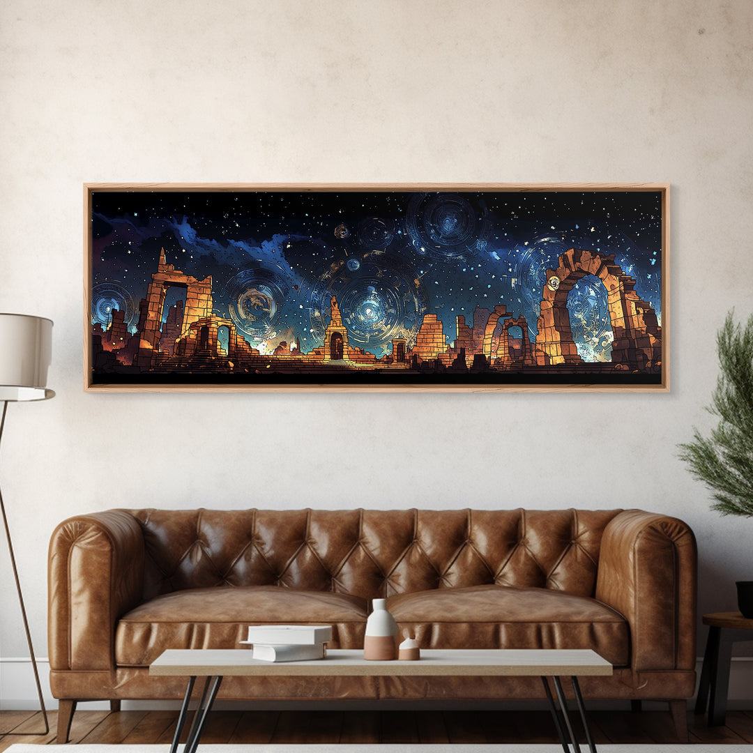 Starry Temple Ruins With Blue Gold Celestial Sky Wall Art, Framed Canvas Print, Mystical Decor, Large Statement Wall Decor