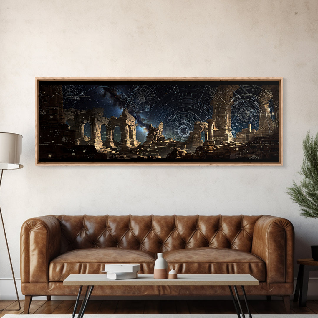Dark Celestial Ruins With Ancient Arches Wall Art, Framed Canvas Print, Mystical Gothic Decor, Large Statement Wall Decor