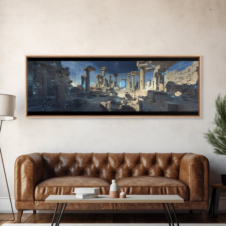 Blue Futuristic Column Ruins With Digital Grid Canvas Print, Modern Wall Art, Sci Fi Office Decor, Large Wall Decor, Unique Home Decor