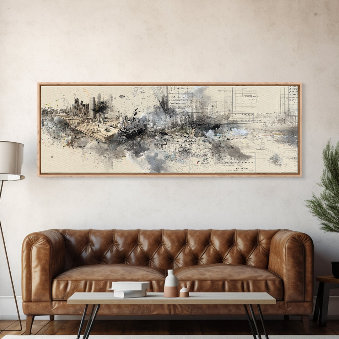 Modern Urban Skyline Wall Art, Abstract Architecture Drawing, Contemporary Office Decor, Neutral City Canvas Print Gift For Loft