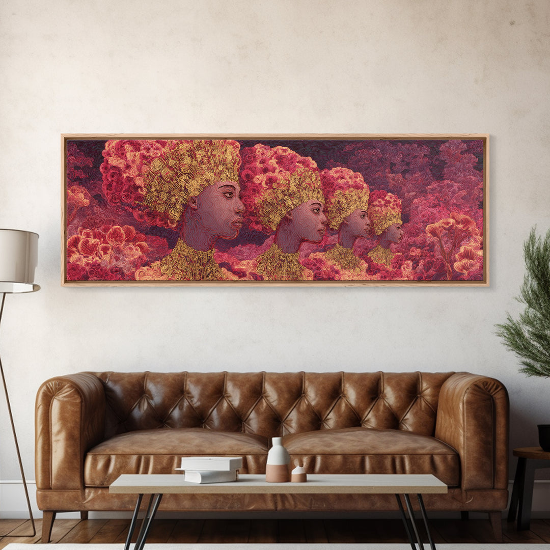 Pink Rose Garden Afro Women Portrait Wall Art, Floral Black Beauty Canvas Print, Feminine Afrocentric Decor, Melanin Gift For Her