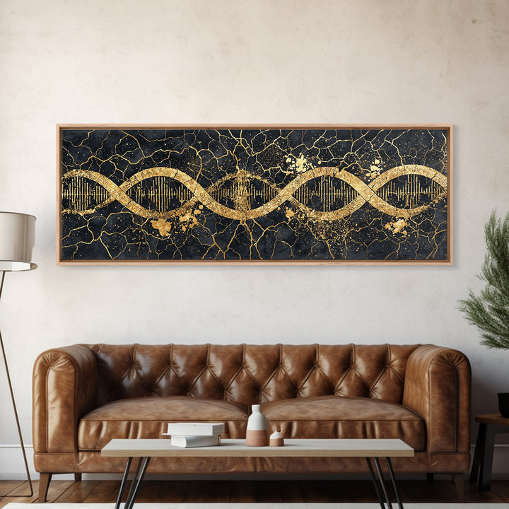 Gold DNA Helix Wall Art, Abstract Luxury Science Canvas Print, Black And Gold Design, Modern Office Decor For Biology Gift