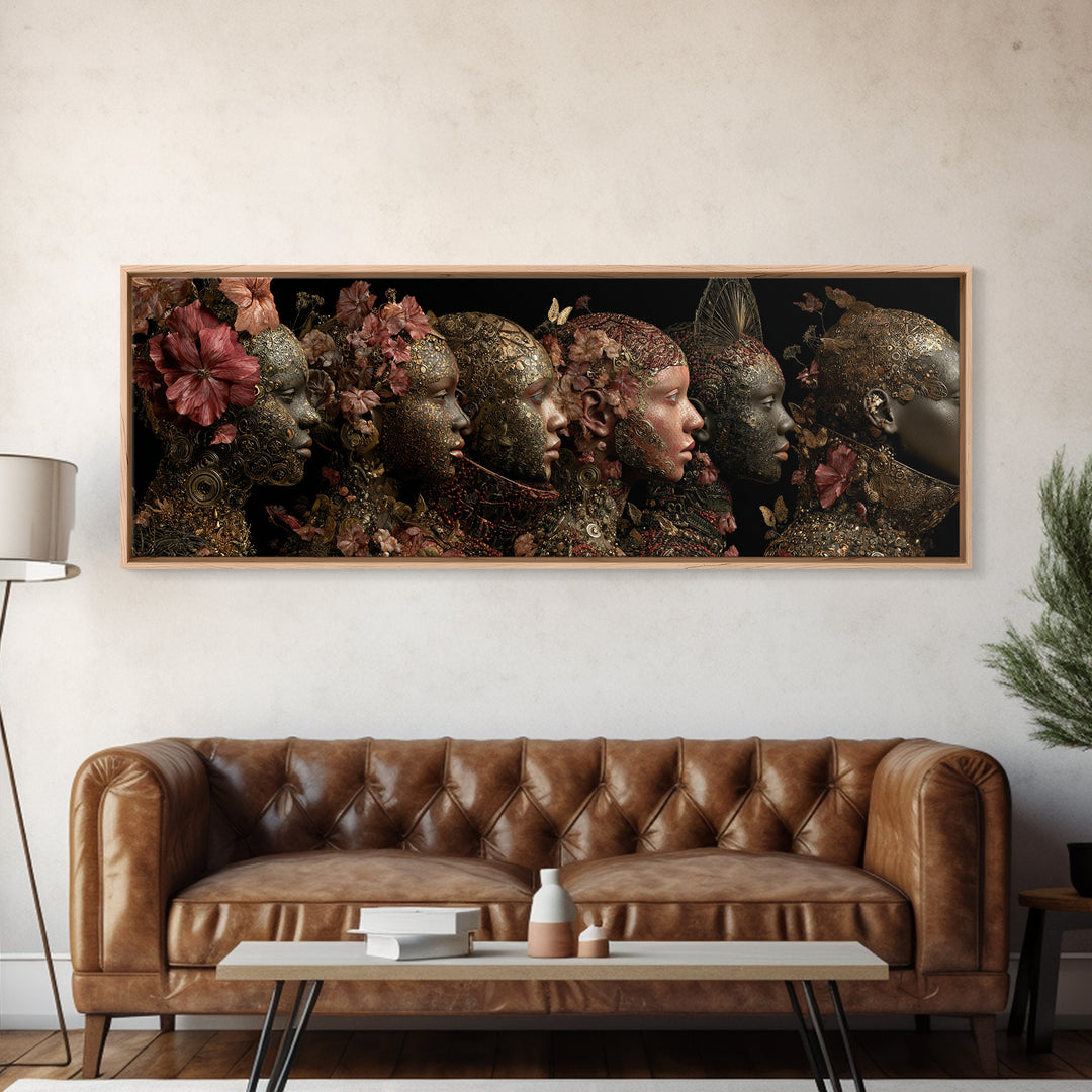 Black Goddess Floral Portrait Wall Art, Elegant Women Canvas Print, Afrocentric Luxury Decor, Dark Botanical Gift For Her
