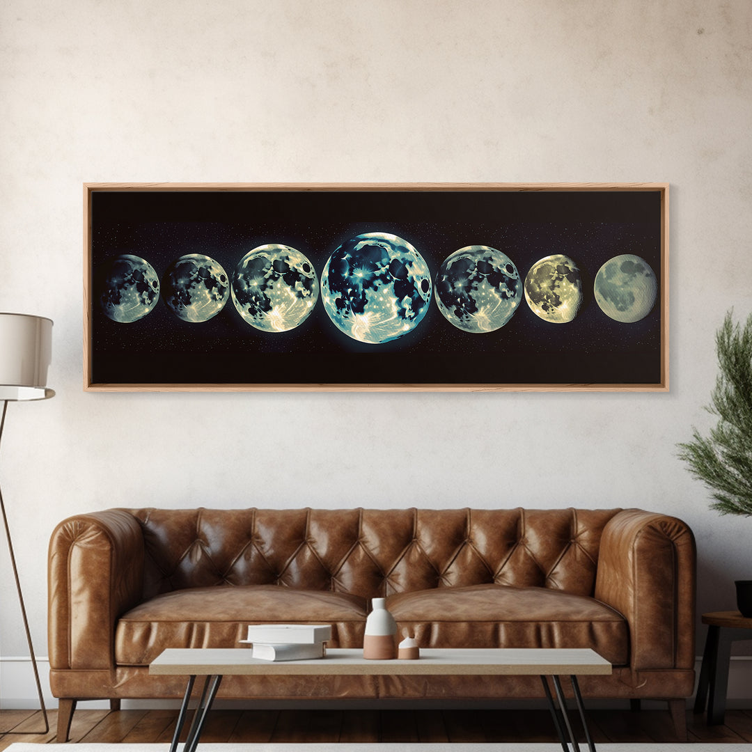 Glowing Moon Phases Canvas Print, Celestial Wall Art, Black Art Print, Dreamy Wall Art, Bedroom Wall Decor, Unique Gift, Poster