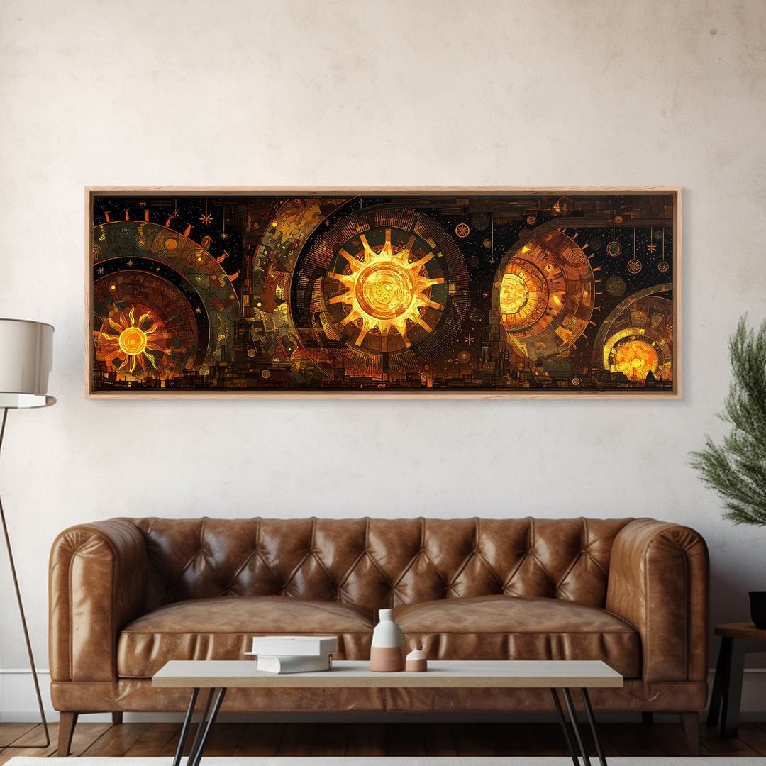 Golden Celestial Clockwork Suns Wall Art, Afrofuturism Decor, African Inspired Abstract, Luxury Canvas For Living Room Decor