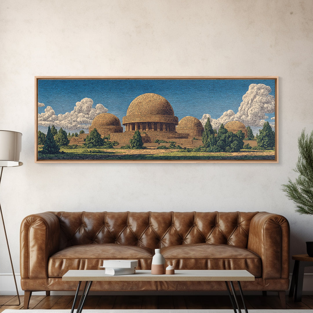 Afrofuturist Domed Village Mountains Wall Art, African Inspired Architecture Canvas Print, Teal Landscape Home Decor Gift