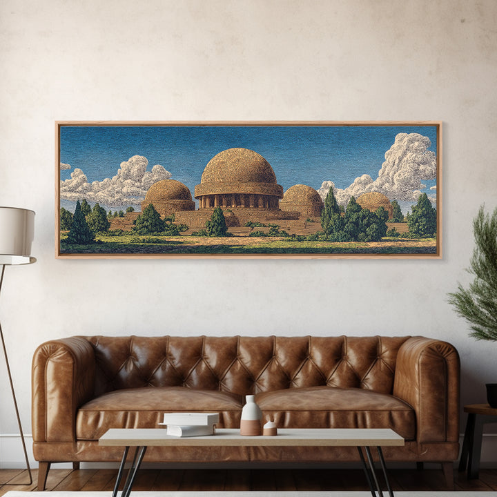 Afrofuturist Domed Village Mountains Wall Art, African Inspired Architecture Canvas Print, Teal Landscape Home Decor Gift