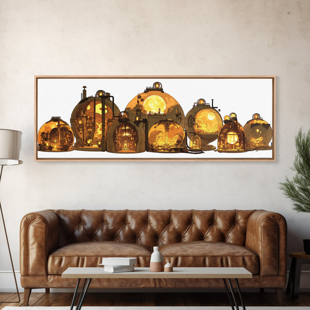 Golden Futuristic Pod Homes Canvas Print, Afrofuturism Decor, African Inspired Architecture Wall Art, Unique Home Decor Gift