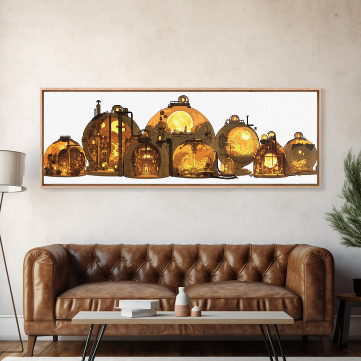 Golden Futuristic Pod Homes Canvas Print, Afrofuturism Decor, African Inspired Architecture Wall Art, Unique Home Decor Gift