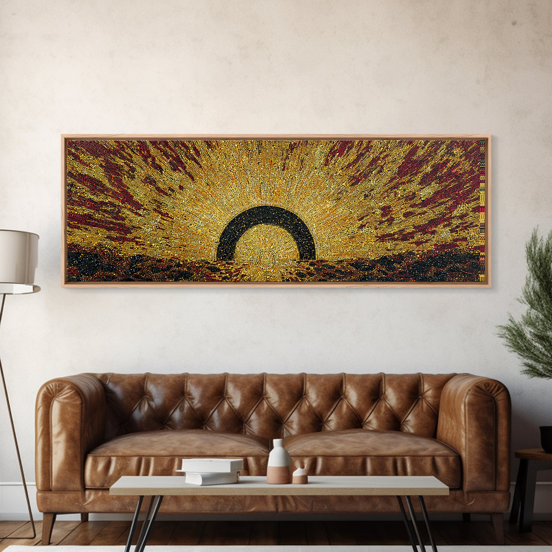 Radiant Golden Eclipse Sunrise Wall Art, Abstract African Art Decor, Burnt Orange Canvas Print, Bold Statement Home Decor