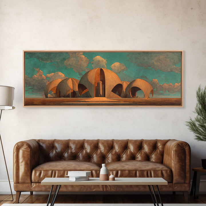 Desert Earthen Dome Sanctuary Framed Canvas Print, African Inspired Architecture Wall Art, Boho Earth Tone Home Decor Gift