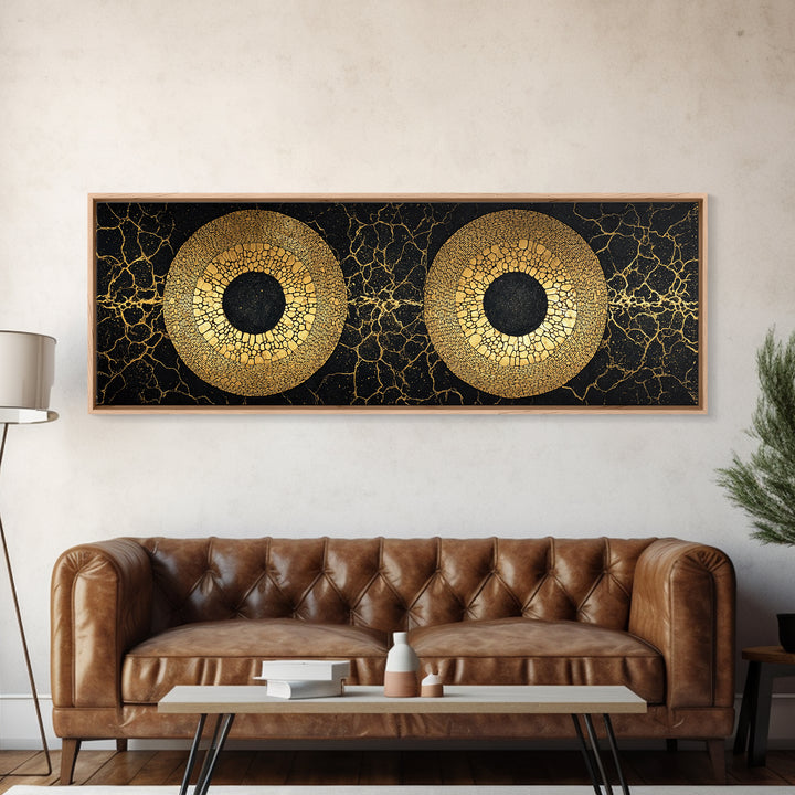 Twin Gold Mosaic Circles Wall Art, African Abstract Art, Black And Gold Canvas Print, Geometric Statement Living Room Decor