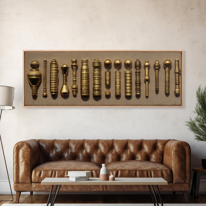 Antique Brass Tribal Objects Wall Art, African Decor, Cultural Art Print, Gold Textile Canvas Print For Eclectic Home Decor