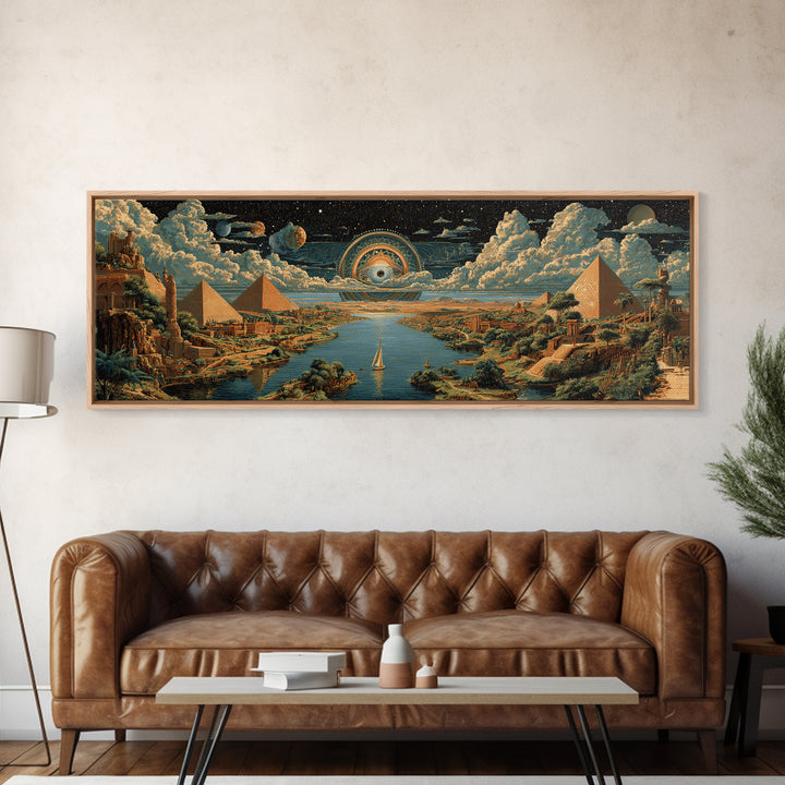 Surreal Egyptian Pyramids And Cosmic Eye Canvas Print African Landscape Art Ancient Egypt Wall Decor Mystical Travel Poster