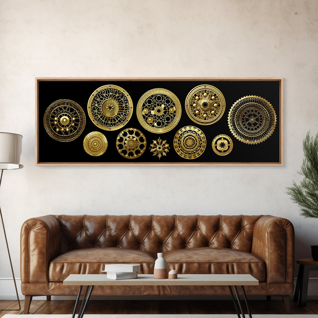 Golden Celestial Wheels And Sun Discs Wall Art African Inspired Geometry Luxury Canvas Decor Mystical Gold Home Decor Gift