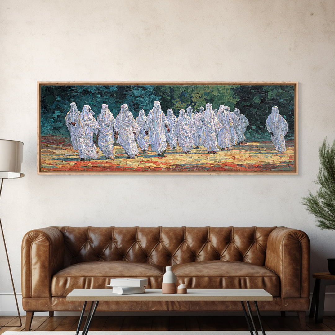 White Robed Desert Procession Wall Art African Painting Spiritual Wall Decor Textured Canvas Art Cultural Landscape Print