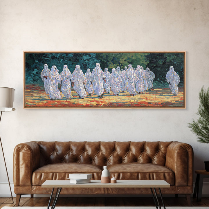 White Robed Desert Procession Wall Art African Painting Spiritual Wall Decor Textured Canvas Art Cultural Landscape Print