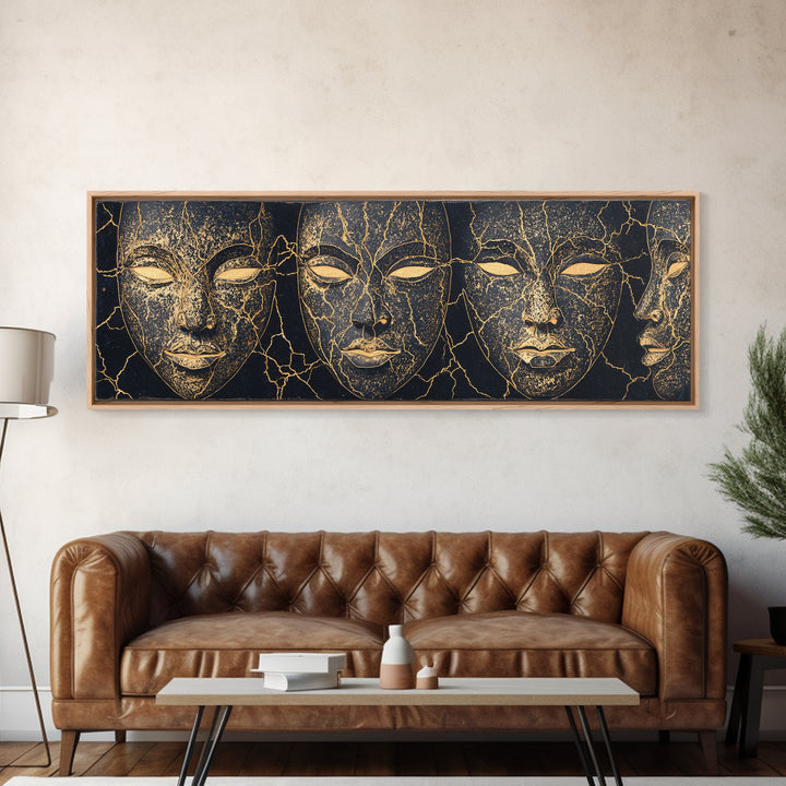 Black And Gold Cracked Mask Faces Framed Canvas Print, African Tribal Art, Elegant Afrocentric Wall Decor, Luxury Home Decor