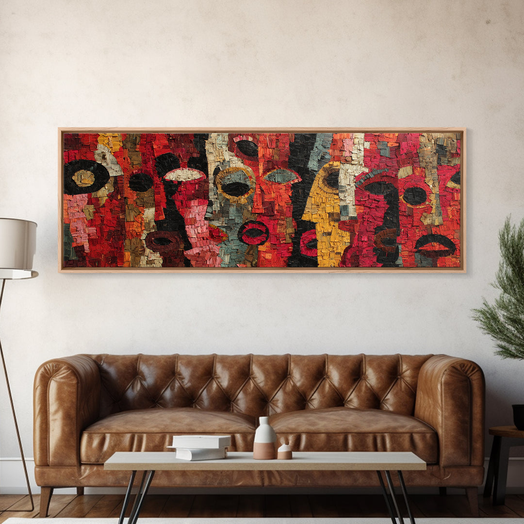 Red Mosaic Tribal Mask Faces Wall Art, Abstract African Art Decor, Bold Cultural Canvas Print, Vibrant Ethnic Home Decor