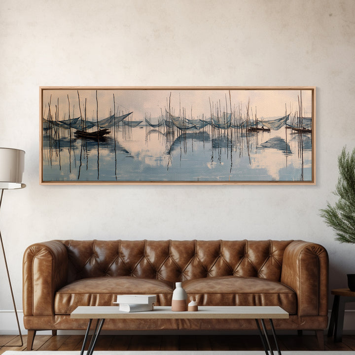 Misty African Fishing Boats On Calm Water Canvas Print, Minimalist Blue Wall Art, Serene Landscape Decor, Peaceful Home Gift