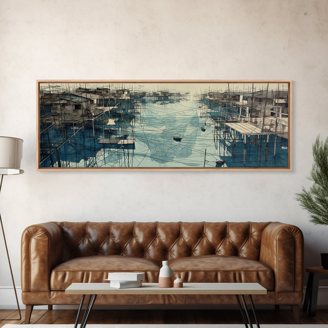 Rustic Stilt Fishing Village Harbor Wall Art, Blue Coastal Landscape Canvas Print, Nautical Decor, Large Living Room Art