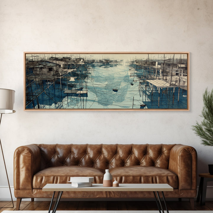 Rustic Stilt Fishing Village Harbor Wall Art, Blue Coastal Landscape Canvas Print, Nautical Decor, Large Living Room Art