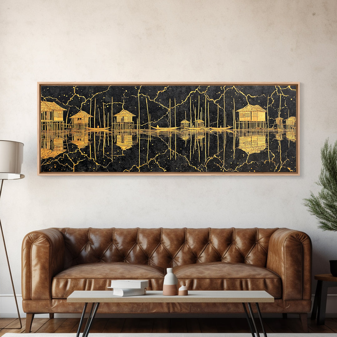Gold Stilt Hut Reflections On Black Wall Art, Abstract Coastal Canvas Print, Luxury Modern Decor, Statement Living Room Art