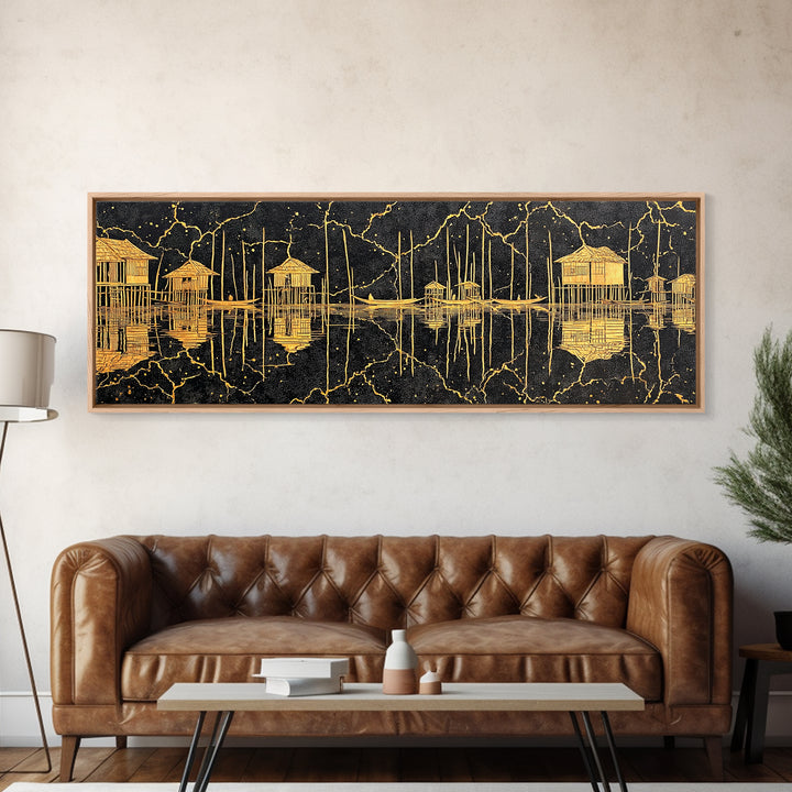 Gold Stilt Hut Reflections On Black Wall Art, Abstract Coastal Canvas Print, Luxury Modern Decor, Statement Living Room Art