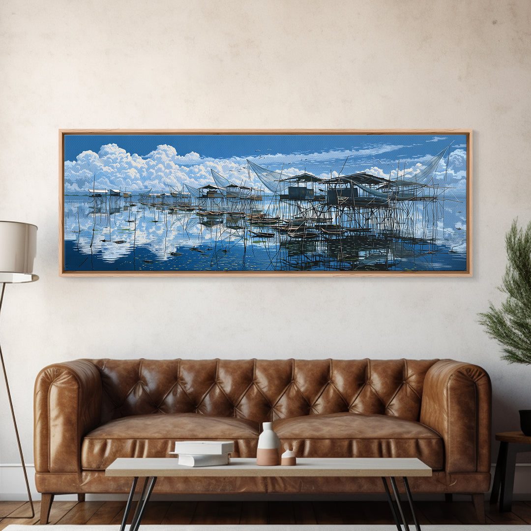 Blue Stilt Fishing Village Panorama Wall Art, Coastal Canvas Print, Bright Seascape Decor, Large Nautical Living Room Art