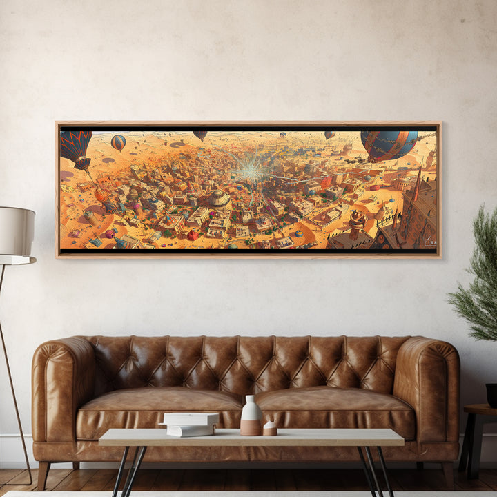 Sunlit Desert Fantasy City With Hot Air Balloons Wall Art, Golden Canvas Print, Vibrant Travel Decor For Living Room Art
