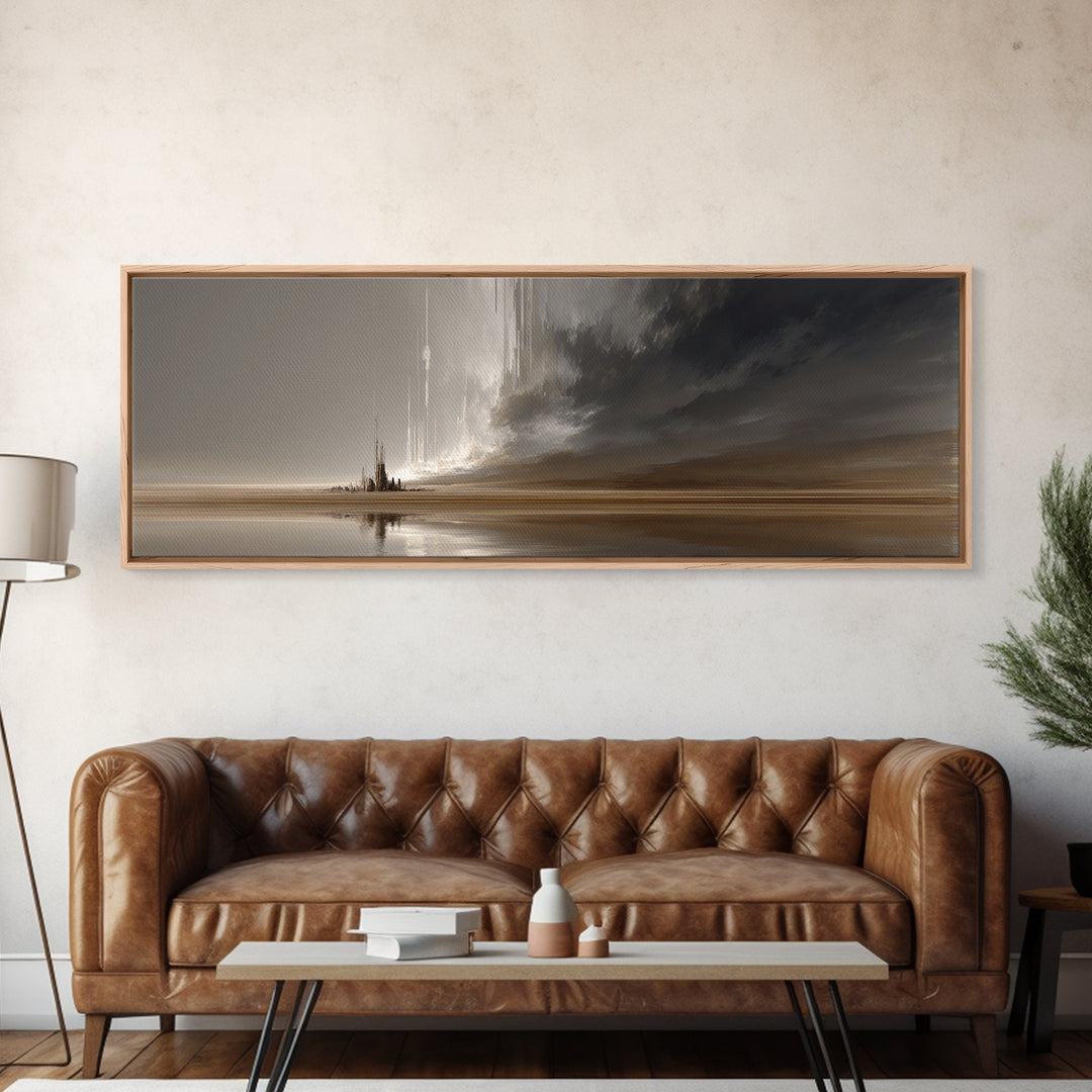 Moody Desert Spire And Stormy Shore Wall Art, Abstract Canvas Print, Neutral Earth Tone Decor, Modern Living Room Art For Office Decor