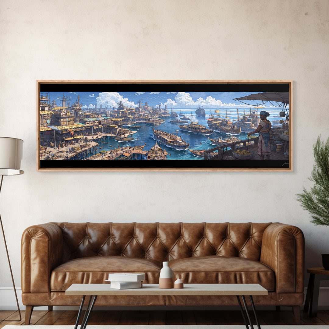 Busting Coastal Canal Market Panorama Wall Art, Blue Harbor Canvas Print, Mediterranean Style Decor, Large Living Room Art