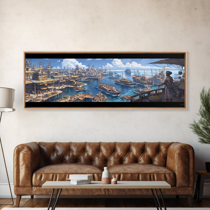 Busting Coastal Canal Market Panorama Wall Art, Blue Harbor Canvas Print, Mediterranean Style Decor, Large Living Room Art
