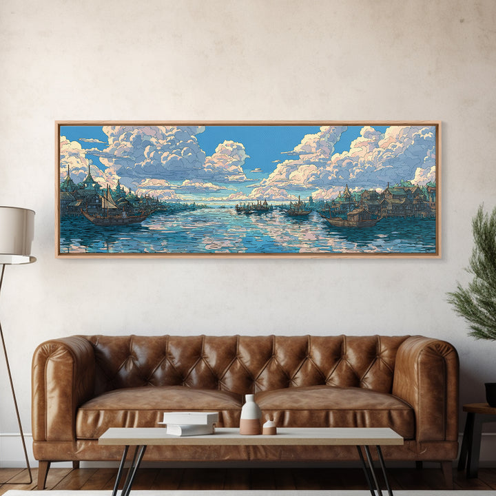Cloud Filled Harbor Village And Calm Sea Wall Art, Pastel Blue Canvas Print, Coastal Home Decor, Large Living Room Art Print