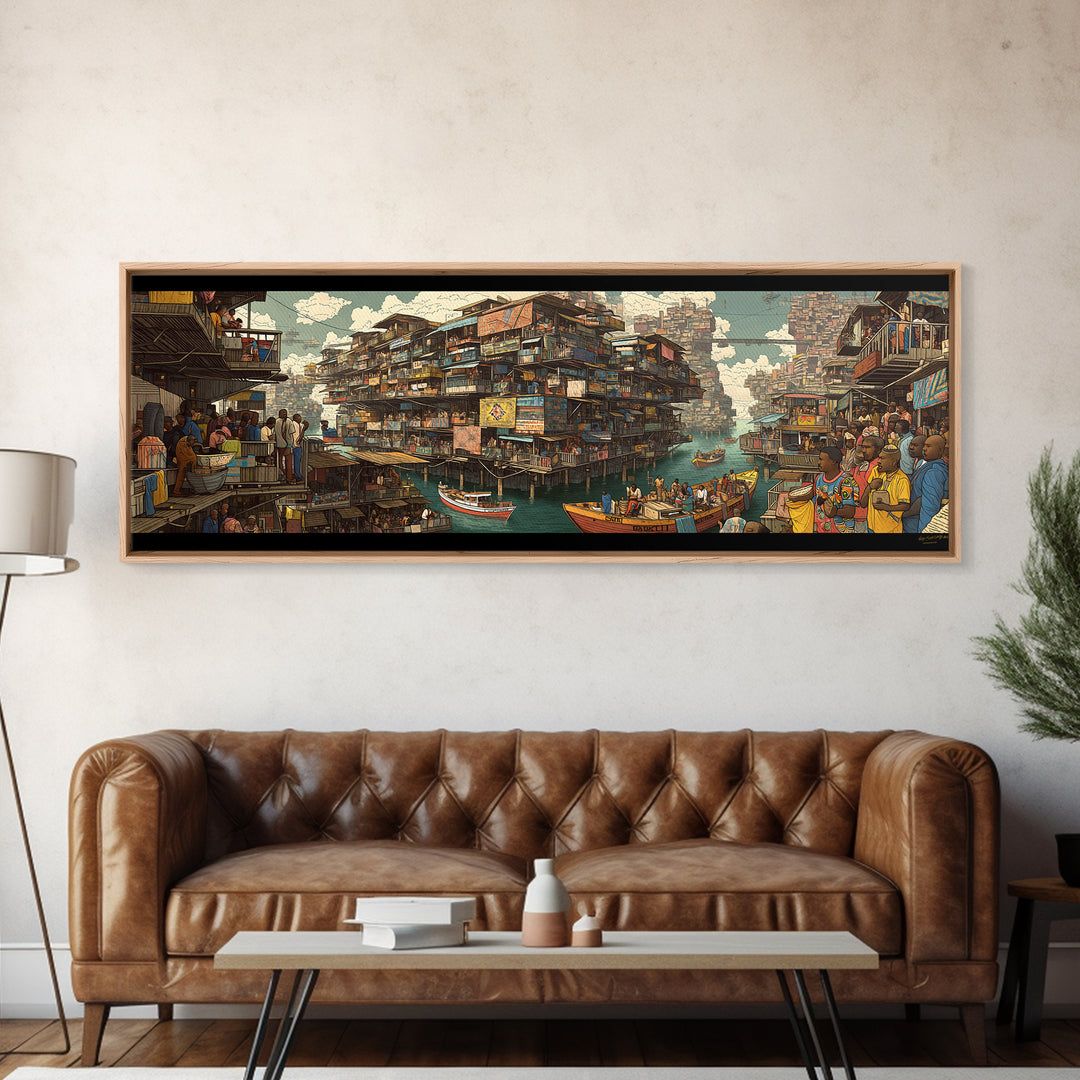 Vibrant Floating African Canal City Wall Art, Afrocentric Market Boats, Cultural Waterfront Decor, Panoramic Canvas Print