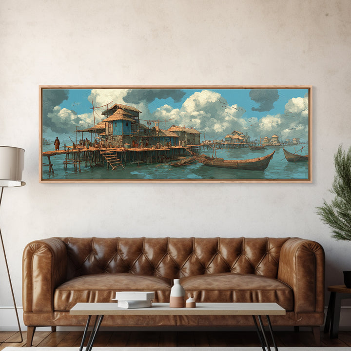Serene African Stilt Fishing Village Canvas Print, Lagoon Boats, Coastal Culture Wall Decor, Peaceful Blue Water Panoramic Art