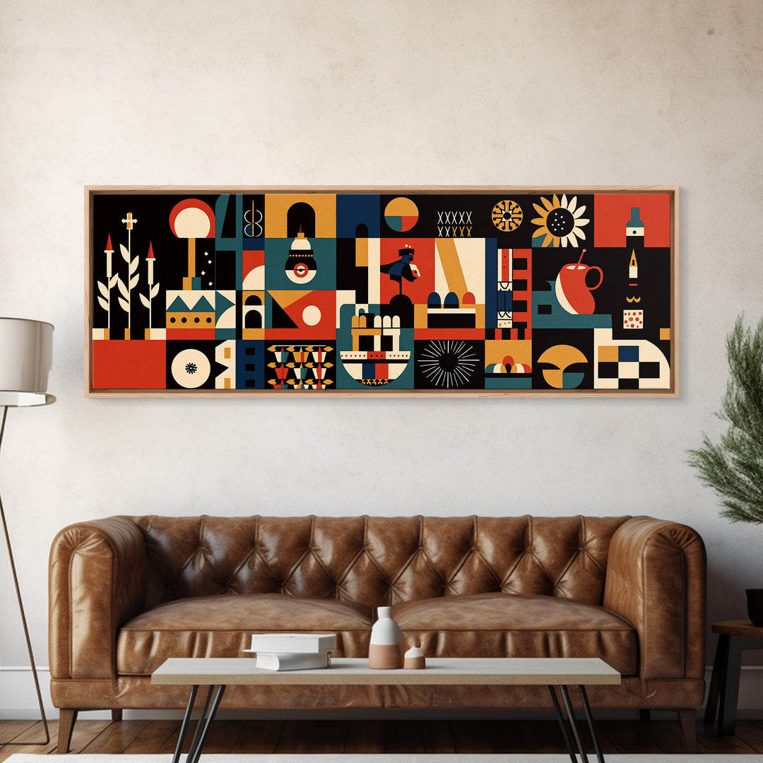 Modern Abstract African Symbols Wall Art, Geometric Masks, Tribal Patterns, Orange Black Afrocentric Canvas Print Home Decor