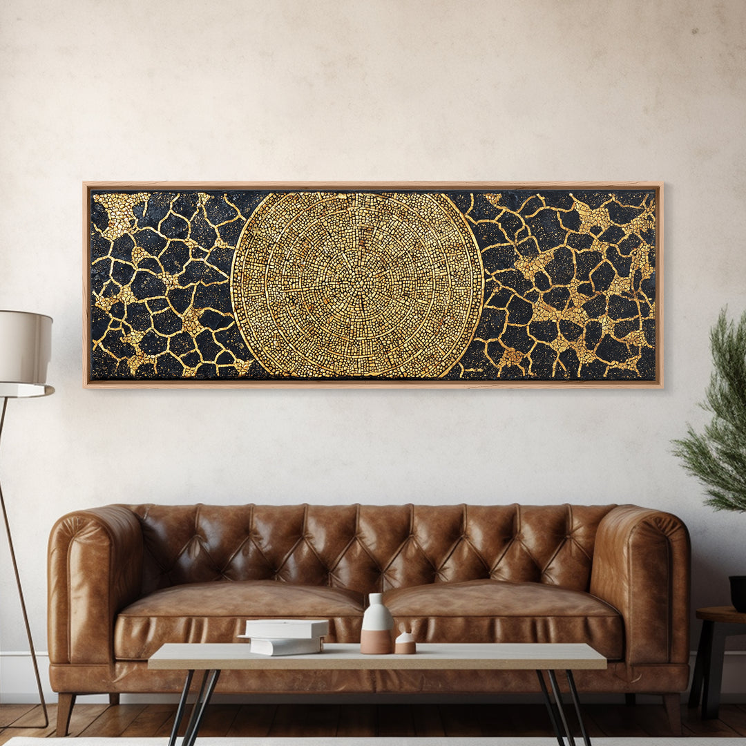 Gold African Mosaic Mandala Canvas Print, Cracked Black Texture, Luxury Abstract Wall Art, Elegant Afrocentric Home Decor