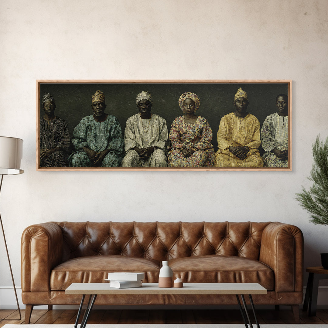 Elegant Seated African Royal Family Wall Art, Traditional Robes, Black Heritage Portrait, Afrocentric Framed Canvas Print