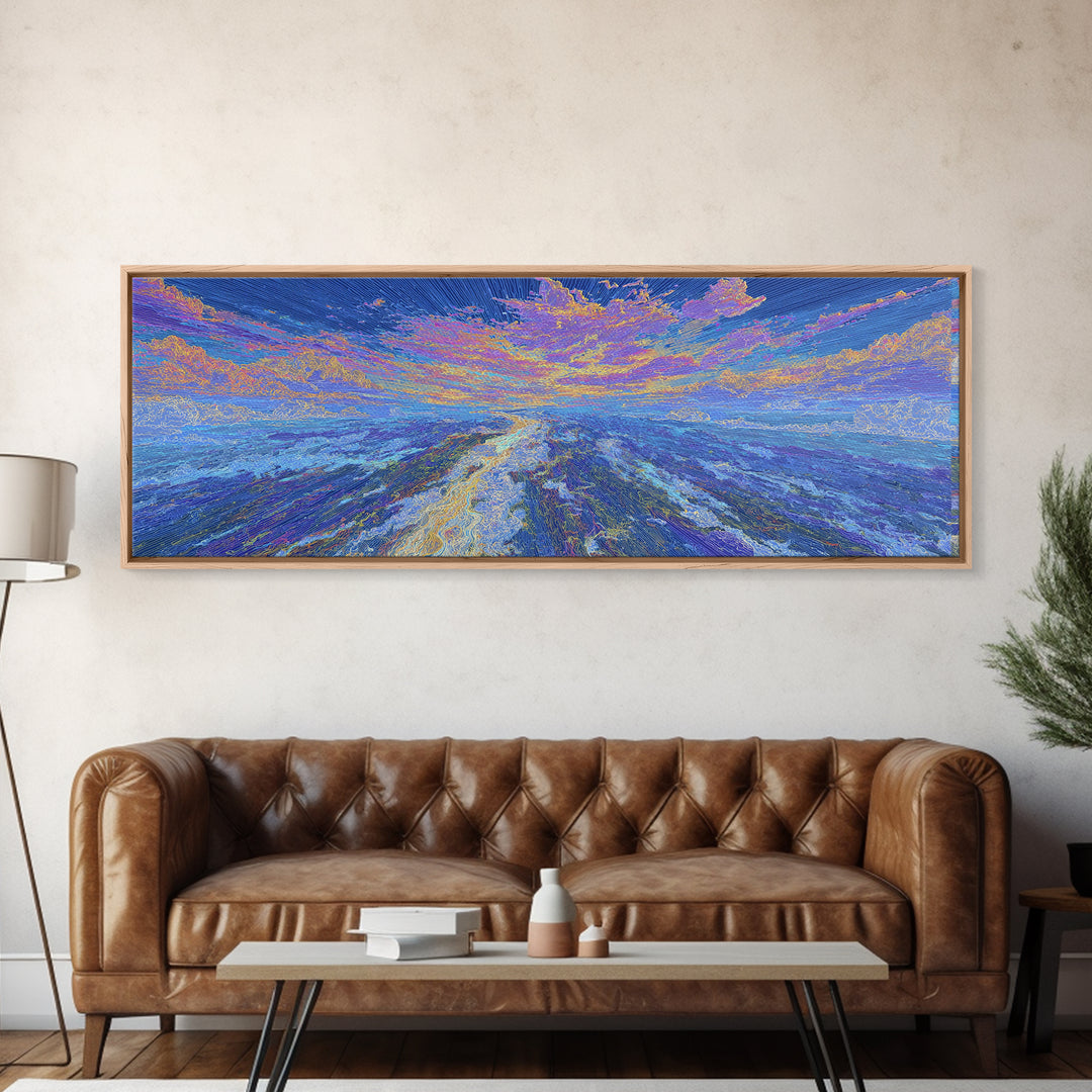 Dreamy Blue Abstract African Landscape Wall Art, Ocean Path Sunset, Textured Modern Canvas Print, Serene Home Decor Gift