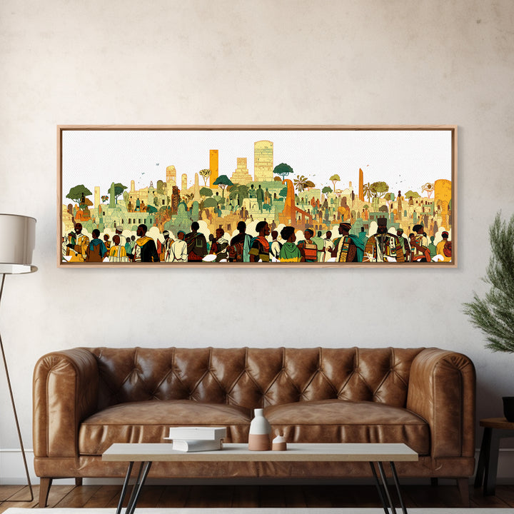 Afrofuturist African City Crowd With Skyline Wall Art, Modern African Art Print, Black Culture Decor, Urban Living Room Gift