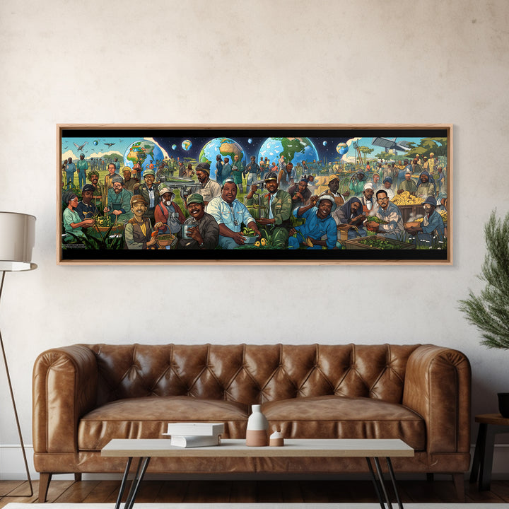 Joyful African Community Feast With Globes Canvas Print, Afrocentric Wall Art, Black Culture Decor, Food Market Kitchen Gift