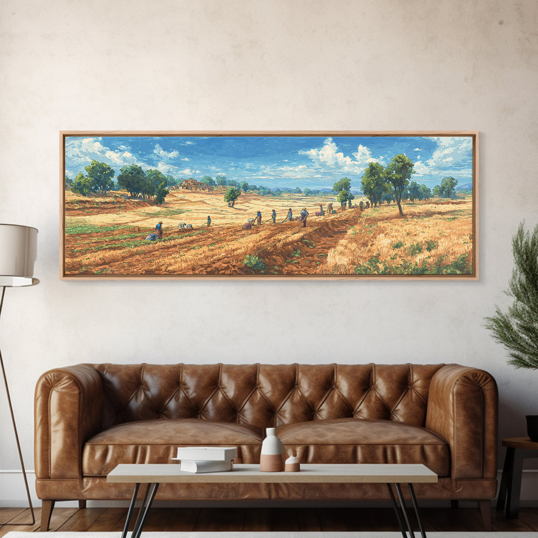 Rural African Farmers Working Golden Fields Wall Art, African Landscape Canvas Print, Safari Decor, Nature Painting Gift