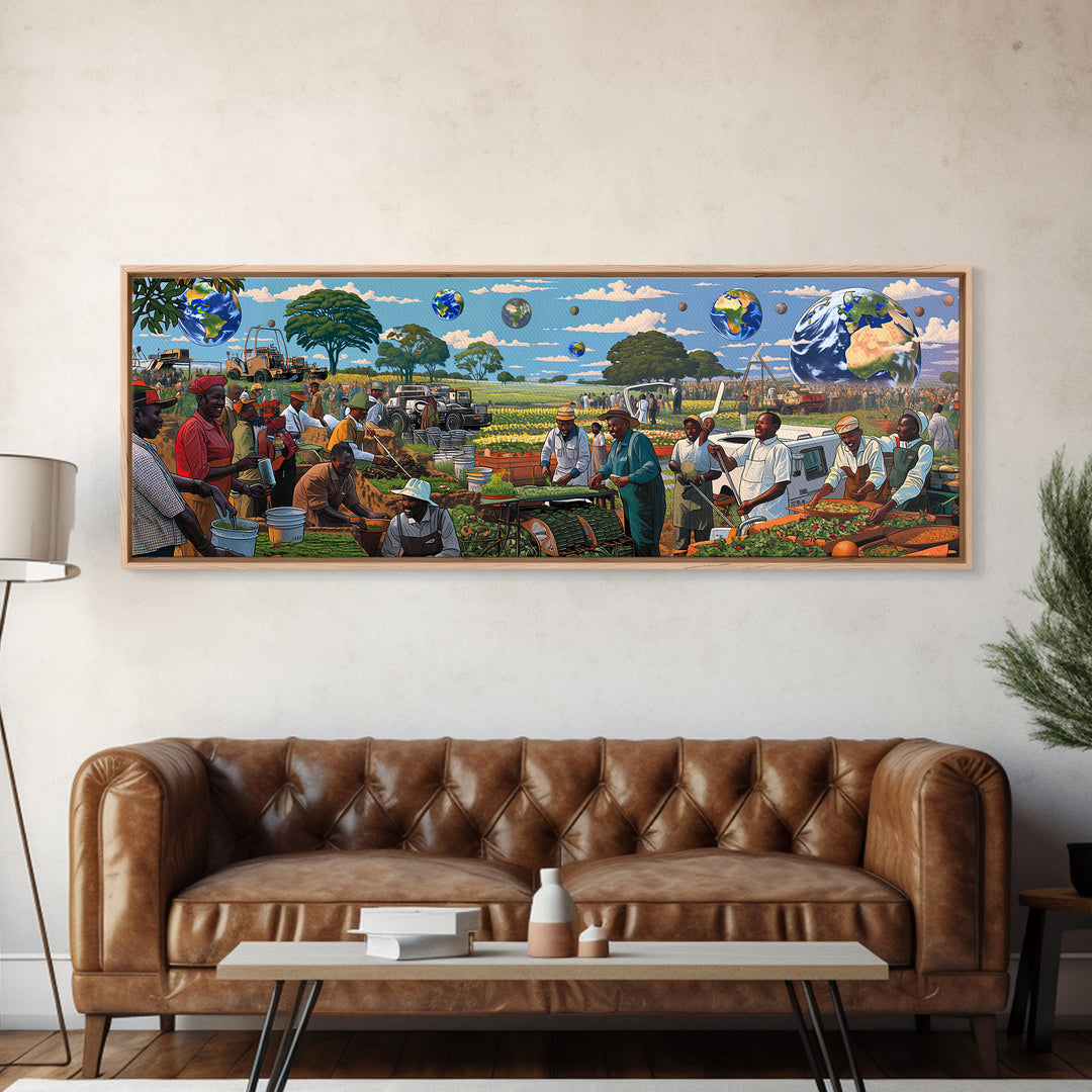 Futuristic African Farmers And Market Globes Canvas Print, Afrocentric Wall Art, Black Culture Decor, Vibrant Living Room Gift