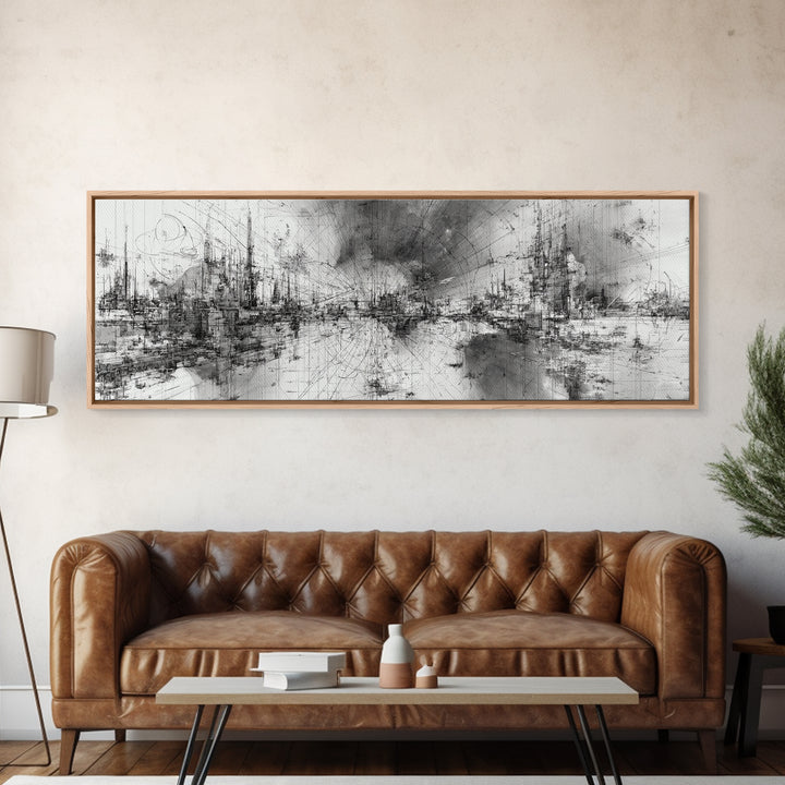 Black And White Abstract City Skyline Wall Art, Modern Canvas Print, Minimalist Office Decor, Urban Gallery Statement Gift
